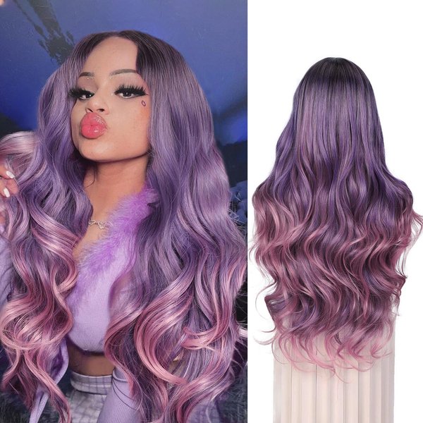 WIGER Long Wavy Wigs Black To Purple To Pink Hair Long Curly Ombre Color Hair Wigs Middle Part Lace Front Synthetic Wigs For Women Cosplay or Party