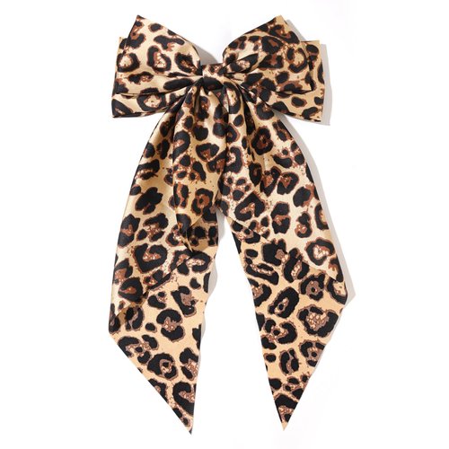 Hair Bows for Women Big Bow Hair Clips with Long Tail Hair Ribbon Satin Leopard Hair Bow Barrette for Women and Girls Ponytail Hair Accessories, Pack of 1 (Camel)