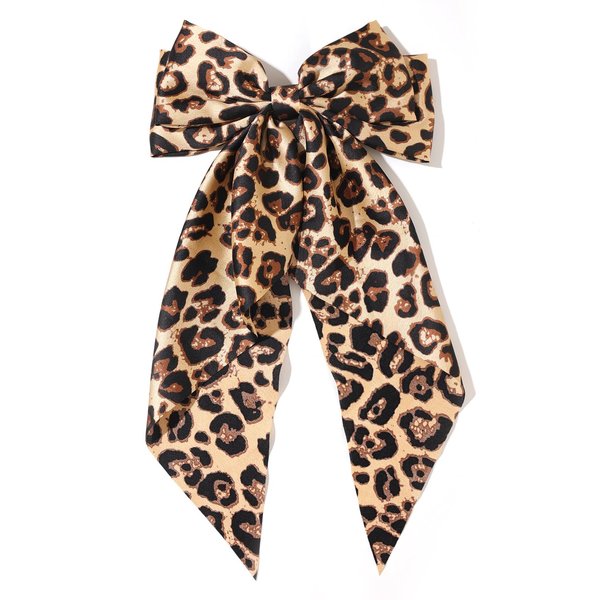 Hair Bows for Women Big Bow Hair Clips with Long Tail Hair Ribbon Satin Leopard Hair Bow Barrette for Women and Girls Ponytail Hair Accessories, Pack of 1 (Camel)