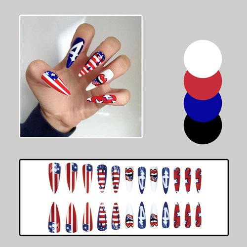 24 Pcs 4th of July Long Press on Nails Pointed Almond Fake Nails with American Flag Star Red Lips Patriotic Design Cute Acrylic Nails Full Cover Glue on Nails Independence Day False Nails for Women
