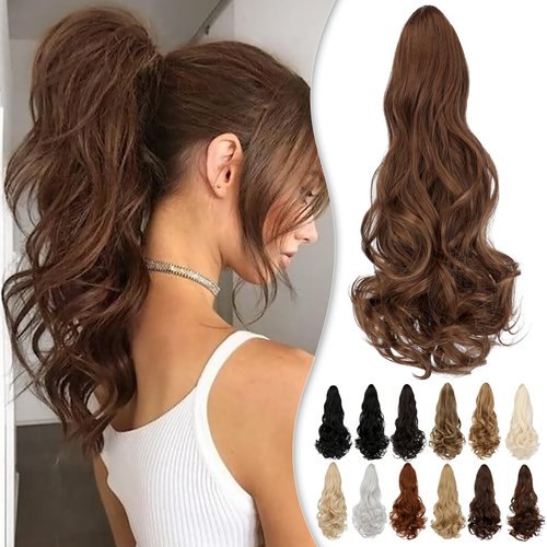 Wodelanle Ponytail Extension 18″ Claw Wavy Curly Clip in Ponytail Extension Natural Looking Synthetic Pony Tails Hair Extensions Hairpiece for Women - Light Brown