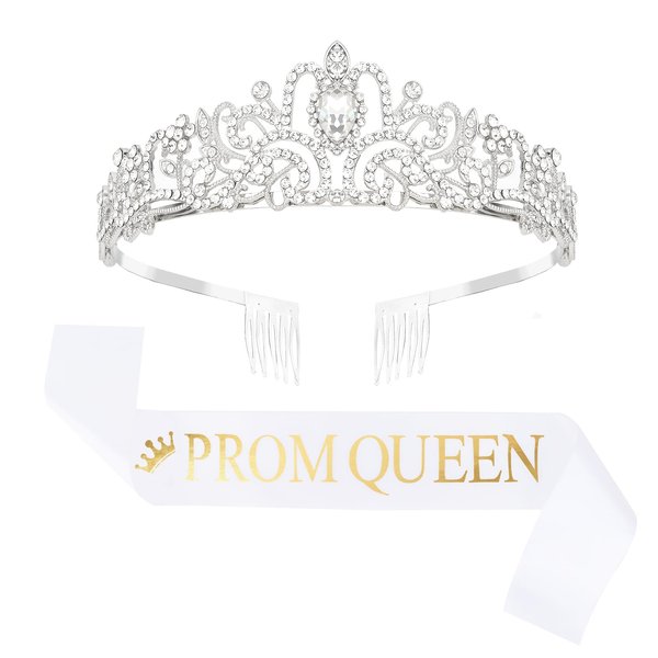 Jaciya Prom Queen Sash Crowns Tiara for Women Girls Silver Headpiece Cosplay Halloween Homecoming Accessories