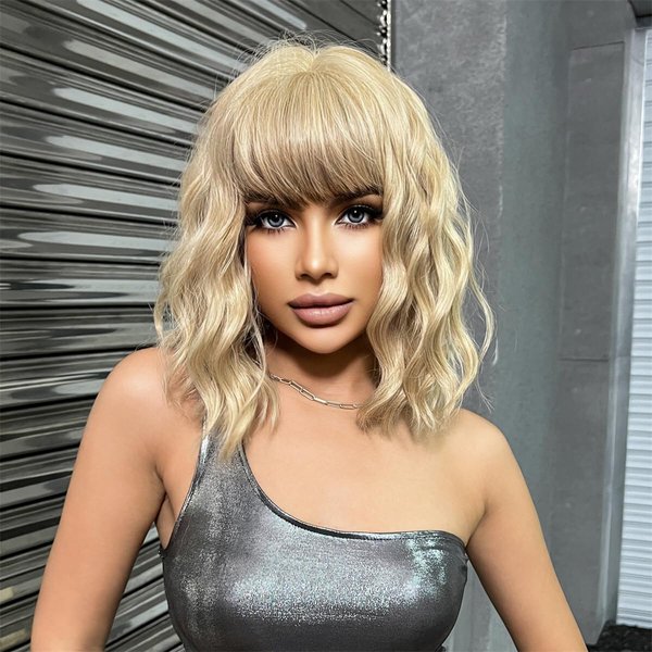 Tumhorn Short Bob Wigs with Bangs Wavy Blonde Wig Curly Shoulder Length Synthetic Cosplay Wig for Women Colorful Costume Wigs