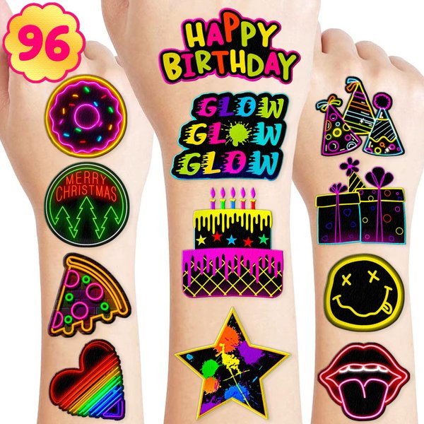 Neon Temporary Tattoos Theme Birthday Party Decorations Supplies Favors Decor 96 PCS 8 Sheets Cute Tattoo Stickers For Children Kids Boys Girls School Gifts Rewards Home Activity