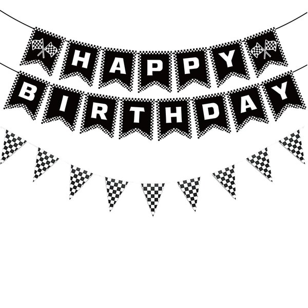 MEETINGU Black and White Checkered Flags and Race Car Happy Birthday Banner, Racing Checkered Flag Banner Race Car Birthday Party Decorations for Kids Boys Birthday Baby Shower Home Decorations