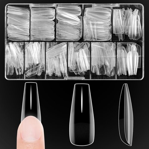 DAZHICN 500 PCS Long Coffin Nail Tips, 10 Sizes Full Cover Nail Tips, Long Nail Tips for Nail Extension, Pre Shaped Nail Tips for DIY Nail Salon (Clear Coffin-500 PCS)