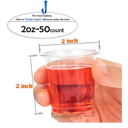 Golden Apple, 2oz clear plastic cups. Disposable Mini Cups, Plastic Shot Glasses, Jello Shot Party Tumblers – 50count. BPA Free.