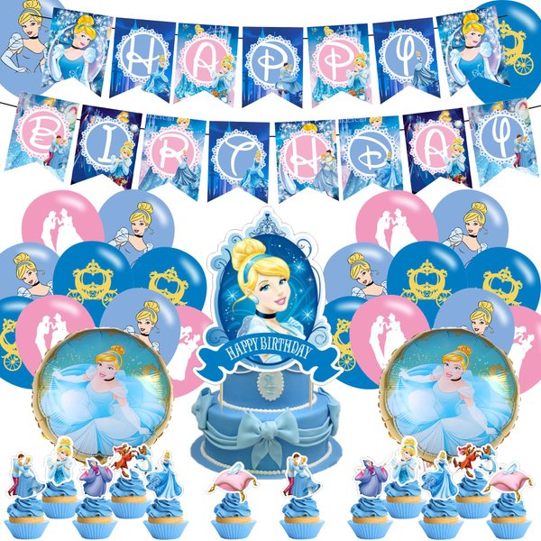 Cinderella Party Decorations,Birthday Party Supplies For Princess Cinderella Party Supplies Includes Banner - Cake Topper - 12 Cupcake Toppers - 18 Balloons - 2 Cinderella Foil Ballons