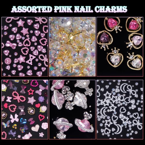 3D Mix Assorted Pink Color Nail Charms Acrylic Nail Charms, Planet Star Heart Silver Gold Nail Gems Rhinestones Hollow Heart Star Moon Bows Pearls Nail Charms for Nail Art DIY Accessories
