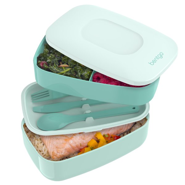 Bentgo Classic - Adult Bento Box, All-in-One Stackable Lunch Box Container with 3 Compartments, Plastic Utensils, and Nylon Sealing Strap, BPA Free Food Container (Coastal Aqua)