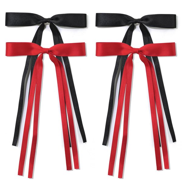 Ambesi Ribbon Hair bow Hair Clips, Black Red Long Tail French Hair Bows, Hair Clips Tassel Ribbon Bowknot for Women Girl, Bow Hair Barrette Dress Up Accessories for Birthday/Party/Show/Christmas