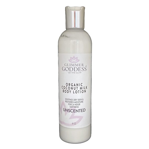 GLIMMER GODDESS Organic Body Lotion - Unscented Coconut Milk, Moisturizes for Soft Silky Skin All Day 8 oz
