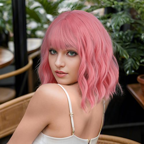 MUPUL Pink Wig Short Wavy Bob Wigs for Women With Bangs Shoulder Length Synthetic Cosplay Party Wig for Girls Daily Use Colorful Wigs