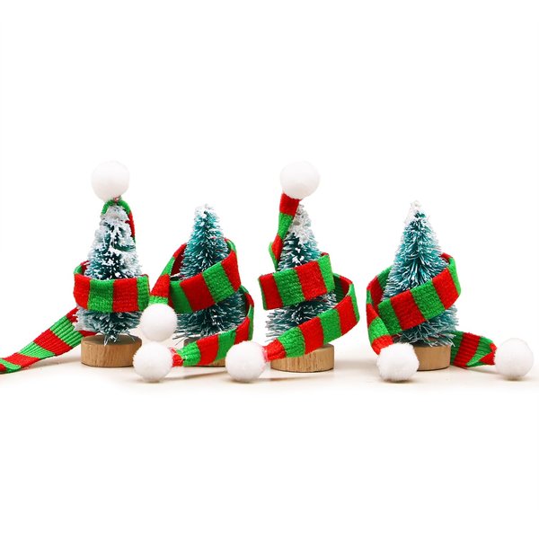 Peachcor Miniature Snowman Hat Scarf, Christmas Knit Hat Scarf, Dollhouse Elf Santa Hat Scarf, for Snowman, Dollhouse, Fairy Garden, Elf Props, DIY Supplies (Snow Green (4 Trees and 4 Scarfs))