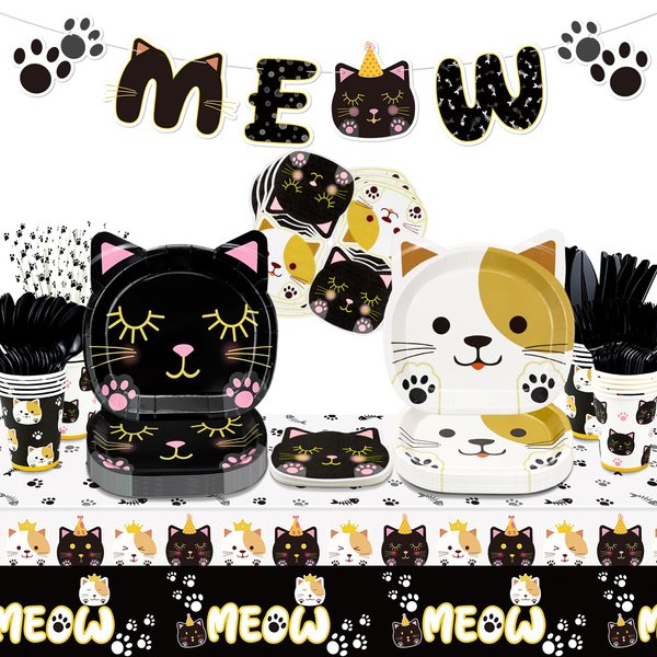 XJLANTTE 167 Pcs Cat Birthday Party Decorations - Including Cat Plates, Napkins, Cups, Tablecloth, MEOW Banner, and Paper Straws for Pet Cat Themed Birthday Party Supplies, Serve 20 Guests