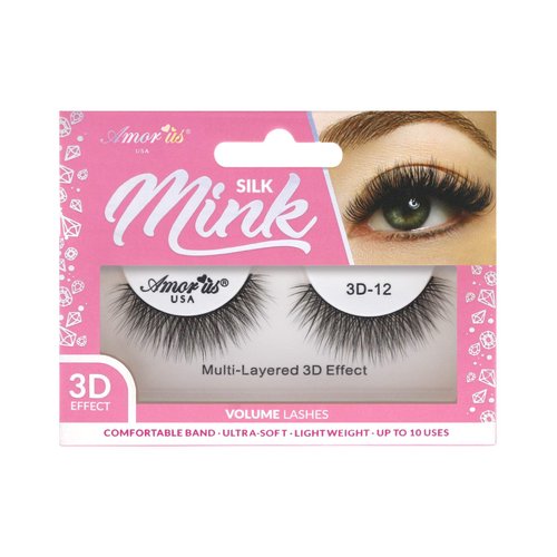 Amorus 3D Hand made Faux Mink Lashes #12 Black Nature fluffy light Reusable (12 pack)