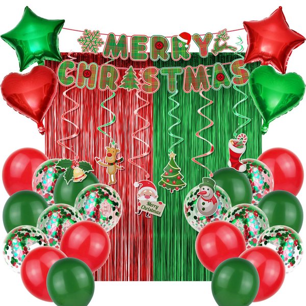 Christmas Party Decoration Supplies Christmas Balloons Merry Christmas Banner Hanging Swirls Red and Green Metallic Fringe Curtains Christmas Decor