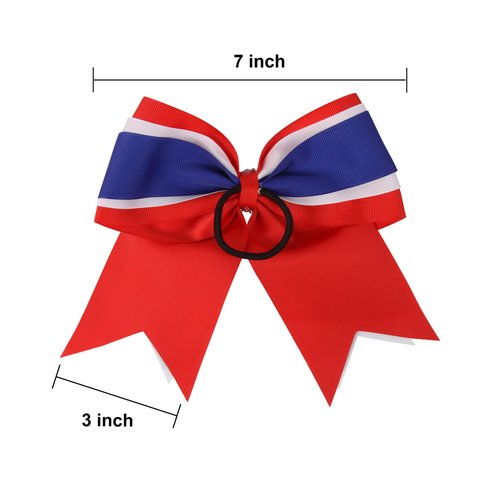 8 Inch 3 Colors 3 Layers 6 Pcs Cheerleader Bows Jumbo Cheerleading Bows Hair Elastic Hair Tie for High School College (Navy blue/White/Light blue)