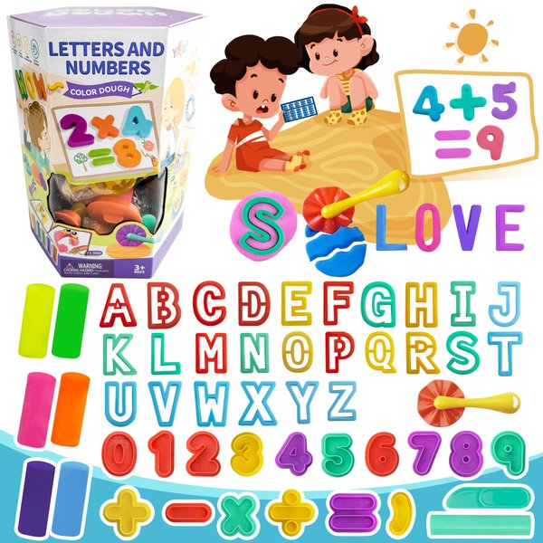 Playdough Tools Set for Kids, 51 PCS Basic Play Dough Starter Set with Colorful Dough, Safety Knife, Rolling Pin, Playdough Pizza Wheel and Playdough Alphabet Numbers Symbols Cutters Random Color