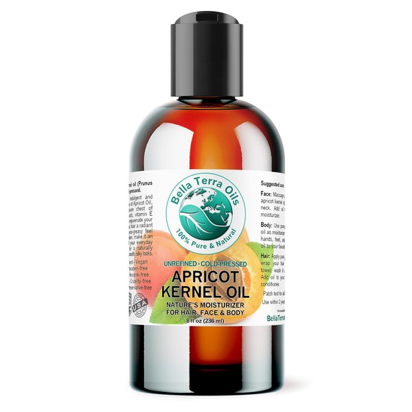 Bella Terra Oils - Organic Apricot Seed Oil 8 oz - Embrace the Bitter Organic Apricot Kernels Richness, Vitamin-Enriched, Perfect for Soothing & Moisturizing Skin
