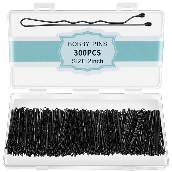 300 Pcs Bobby Pins Black, Black Hair Pins for Women Girls and Kids, Invisible Wave Hair clips Bulk with Storage box, Pain-Free Hairpins（2 Inch Black）