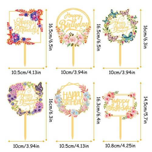 Flower Happy Birthday Cake Toppers Gold Acrylic Dessert Cupcakes Toppers Party Decoration Supplies 6 Pcs