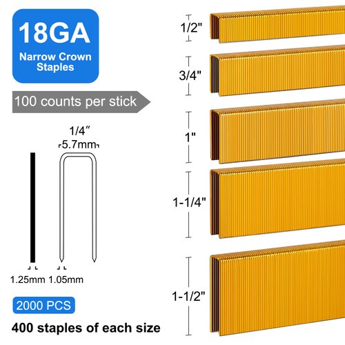 SimCos 18 Gauge 1/4" Narrow Crown Staples (1-1/2",1-1/4" 1", 3/4", 1/2"), 2000 pcs Galvanized Assorted Sizes for 18 GA Pneumatic or Electric Stapler or Staple Gun,Project Pack (Assembly 2000)