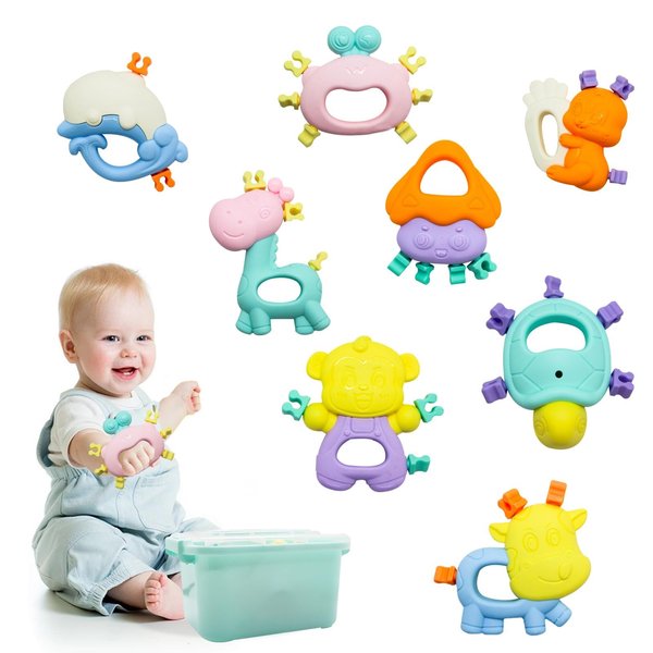 WISHTIME Infants Teething Toys Baby 8pcs Hand Development Rattle Toys Early Education Toys for Babies 3 6 9 12 Months Newborn Gift Set for Boys Girls