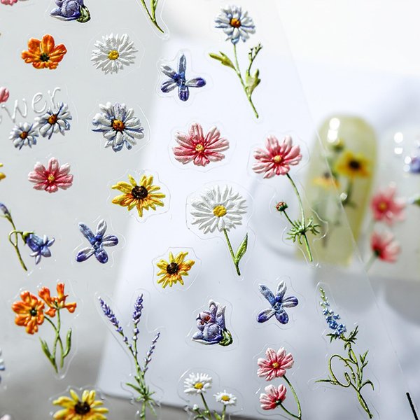 Flowers Nail Stickers for Acrylic Nails, 5D Embossed Flower Nail Decals Daisy Flora Nail Aart Stickers Self-Adhesive Nail Supplies Spring Summer Nail Art Accessories for Women Manicure Decoration