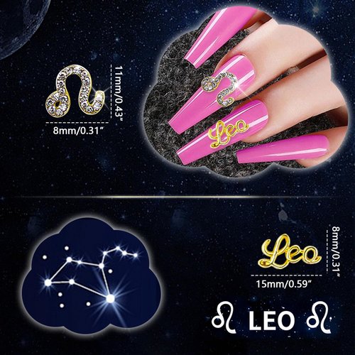 XEAOHESY 20 Pieces Gold Alloy Leo Zodiac Nail Charms 10pcs Leo Symbols Sign Charms for Nails 10pcs Leo Words Nail Charms for Women Nail Art Decoration