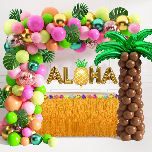 Tropical Luau Balloons Arch Garland Kit Luau Party Decorations with Palm Leaves Flamingo Palm Tree Aloha Foil Balloon Coconut Balloons Set for Tropical Hawaiian Aloha Luau Flamingo Party (Aloha-A)