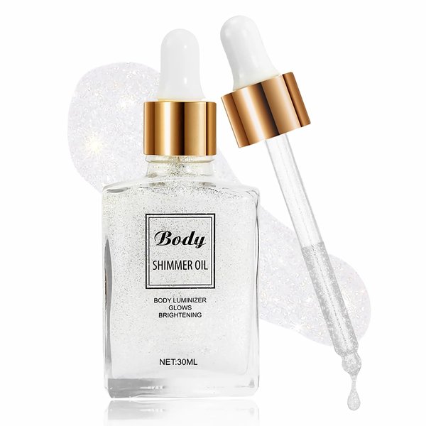 Hydrating Shimmer Body Oil, Pearl White Liquid Luminizer Body Glitter Long Lasting, Body Highlighter Shimmer Makeup, Face Body Glow Shimmer for Women, Non-Sticky Shine Glitter Liquid