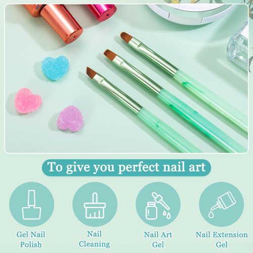 Green Nail Art Clean Up Brushes for Cleaning Polish Mistakes on the Cuticles, Acetone Resistant Nail Brush, Fingernail Cleaning Brushes for Nail Art and Designs (Round&flat&Bevel)