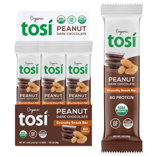 Tosi Nut Bars, 8G Protein (12 Pack, 1oz Bars), Plant Based Protein Bars, Crunchy Vegan Snacks, Dark Chocolate Peanut Bars, Low Sugar Healthy Snacks, Gluten Free, Soy Free, Fiber, Flax & Chia Seeds