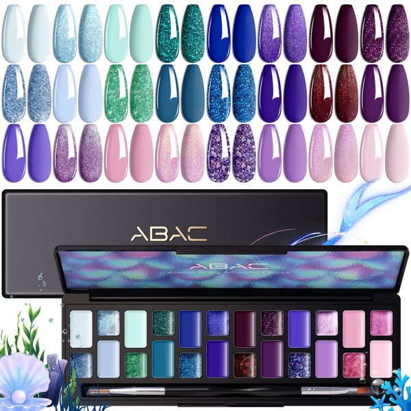 ABAC Pearl Gel Nail Polish Set-24 Colors Turquoise Blue Glitter Solid Gel Polish Pink Purple Mermaid,Upgraded Crème Pudding Gel Manicure Palette with Pro Brush Soak Off LED Gift for Women