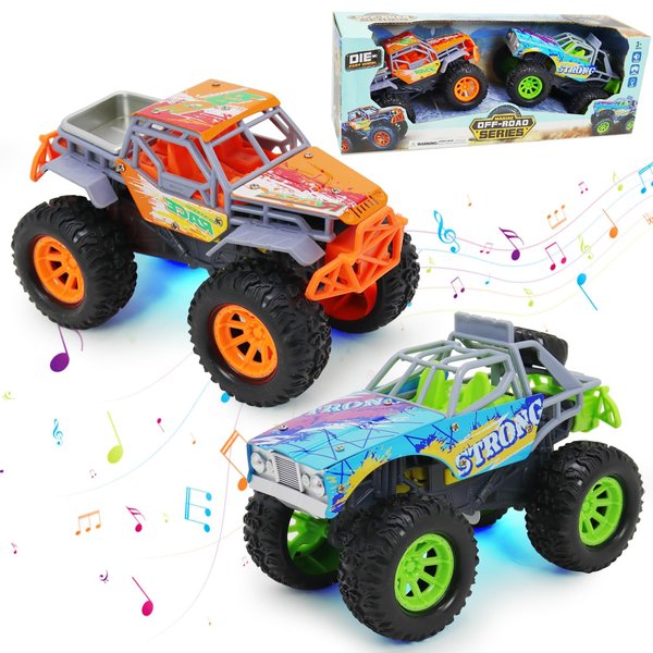wagkew Toddler Monster Trucks Toys for Boys Age 3 4 5 6, 2 Pack 6 Inch with LED Lights,Music & Sound Friction Push n Go Cars Toy, Race Truck Car for Kids Party Favors and Daily Play