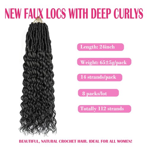 New Faux Locs Crochet Hair With Deep Curly Ends 24 Inch 8 Packs Black Goddess Soft Locs Synthetic Braids Prelooped Dreadlock Hair Extensions (24inch, 1B)