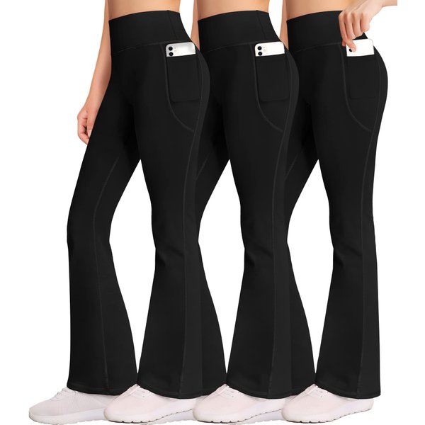 Aenlley Girl Yoga Flare Wide Leg Tummy Control Stretchy Pants for Causal with Pockets 3 Pack Black/Black/Black