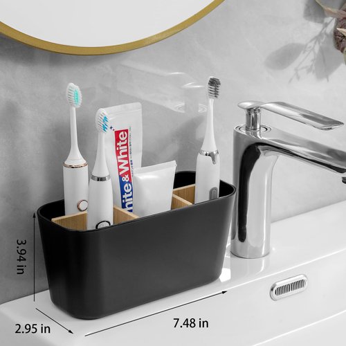Toothbrush Holders for Bathrooms, Bamboo Tooth Brush Holder with 5 Slots Bathroom Vanity Organizer Countertop for Electric Toothbrushes, Toothpaste, Razors - Black