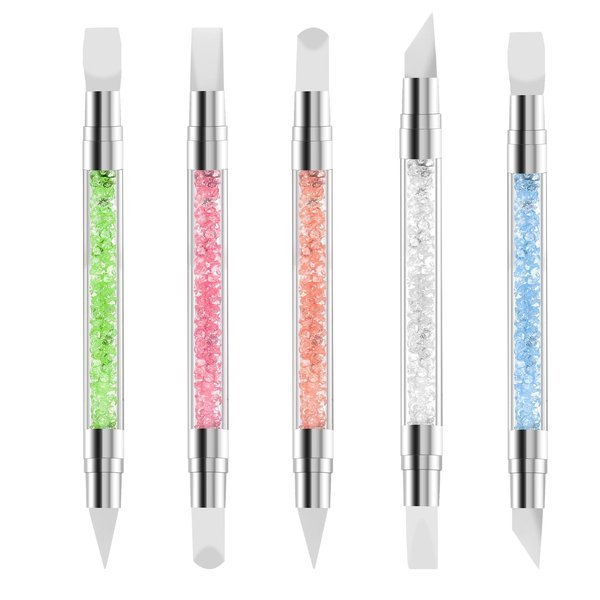 5Pcs Silicone Nail Tool Rubber Nail Tool Flat Edge Silicone Nail Tool Silicone Chrome Applicator for Nails Dual Tipped Silicone Nail Tools Nail Art Sculpture Pen for Home Salon (5 Color)