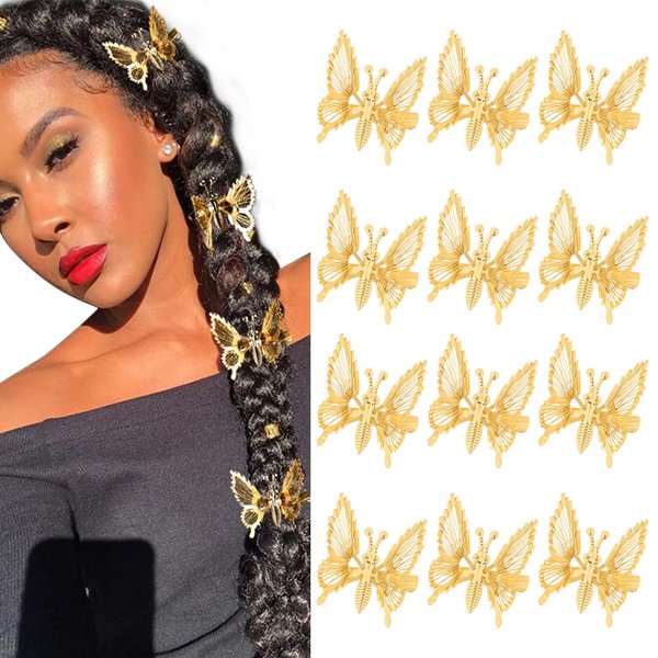 DEEKA 12 PCS 3D Moving Butterfly Hair Clips Metal Gold Moving Wings Butterfly Hair Accessories 90s Hair Clips Barrette for Women and Girls -Gold