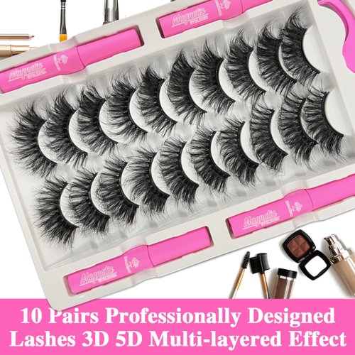 7C SevenCrown Magnetic Eyelashes with Eyeliner Kit, Fluffy Mink Lashes Cat-Eye Look 18-21MM Wispy Long 8D Luxury Volume Fake Eyelash 10 Pairs Cruelty-Free&Vegan