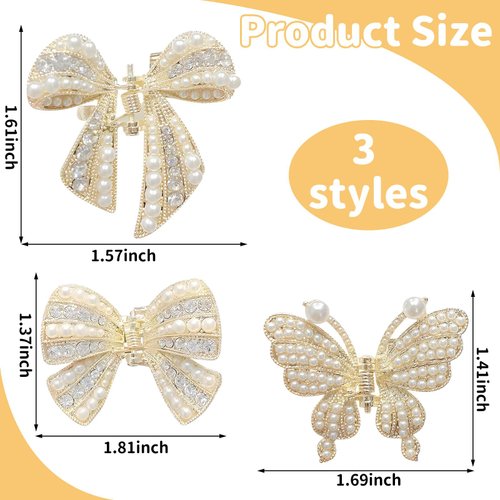 3PCS Pearl Hair Clips for Women Girls Gold Metal Hair Claw Clips Butterfly Bowknot Hair Claws Non Slip Small Rhinestone Fancy Hair Clips Pearl Barrette Sparkling Hair Accessories Bride Wedding Gifts