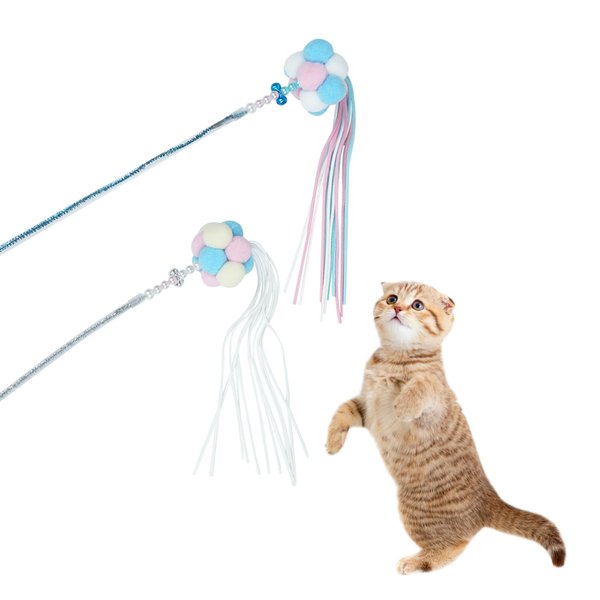 PawsSynergy Colorful Cat Toy Wand with Cute Appearance, Acrylic Rod Body, Beaded Bells, Pompoms, and Tassels, Refills for Indoor Cats to Chase and Exercise (2 Colors)