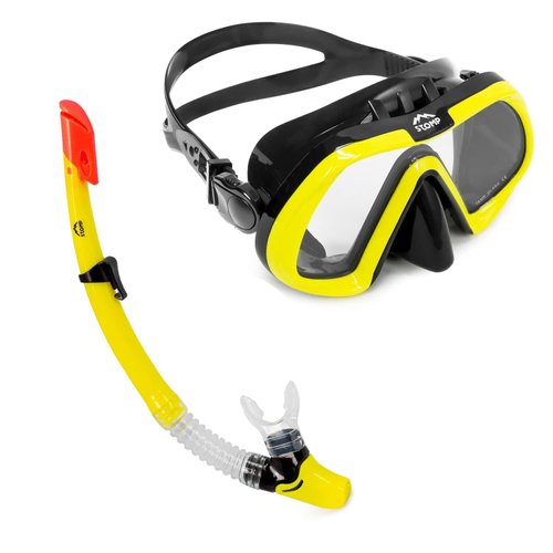 STOMP Snorkel Set Adults Snorkeling Gear Panoramic View Swim Mask Dry Top Snorkel Kit for Snorkeling Scuba Diving Swimming Travel （Yellow）