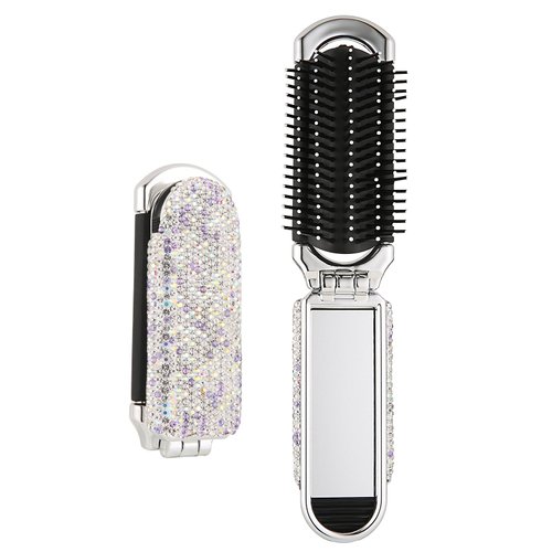 AsAlways Shiny Rhinestone Crystal Travel Hair Brush with Mirror Bling Diamonds Folding Hair Massage Comb Compact Portable Small Mini Hair Brush for Purse Wet & Dry Detangling(Purple)
