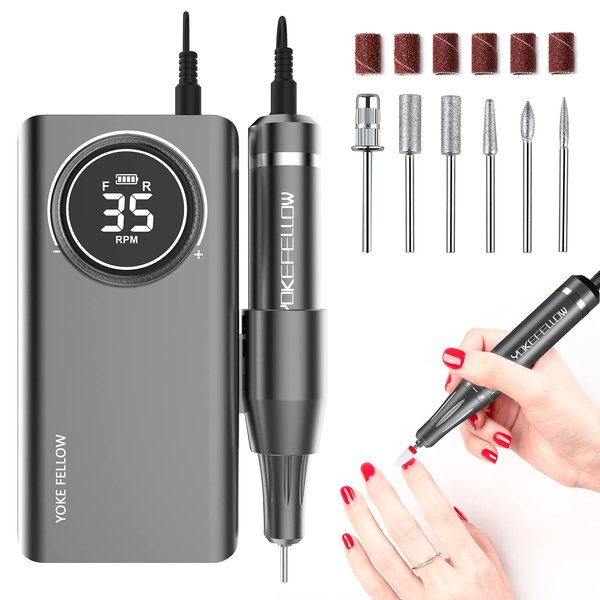 YOKE FELLOW Nail Drill Machine - 35000RPM Electric Nail File Nail Drills for Acrylic Nails Professional with 6 Drill Bits for Manicure Pedicure Home DIY Salon Use
