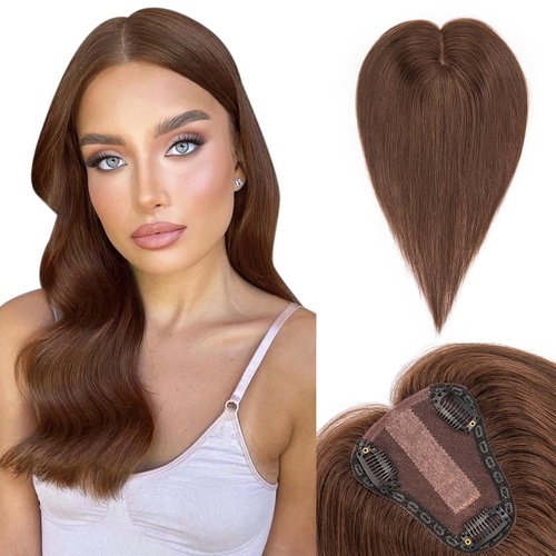Benehair Hair Toppers for Women Real Human Hair 100% Remy Human Hair Pieces for Women with Thinning Hair Clip In 8 * 10cm Topper 12 Inch 35g Clip in Hair Extensions Medium Brown