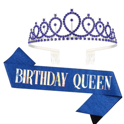CAVETEE Sapphire Birthday Crown and Sash for Women Birthday Queen Sash & Rhinestone Tiara Set Birthday Tiaras and Sashes for Women Birthday Decorations Birthday Queen Crowns Tiaras for Women