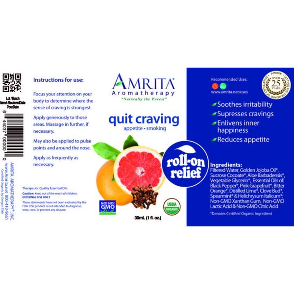 Amrita Aromatherapy Quit Craving Roll-On Relief, Natural Craving Control, Organic Lotion Base With Essential Oils Of Helichrysum, Pink Grapefruit, Spearmint, Lime, Bitter Orange & more, 30ML